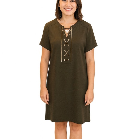New with tags Michael Kors gold chain lace front hunter green dress Size medium. - Picture 1 of 9